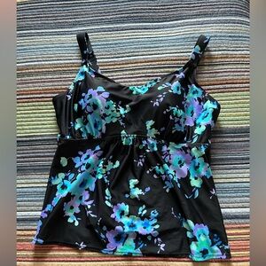 Swimsuits For All Black Floral Tankini Top with Teal and Lavender Flowers